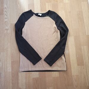 Talbots Sweater Women's M Wool Blend Tan Black Crew Pullover Neck Zip Long Sleev